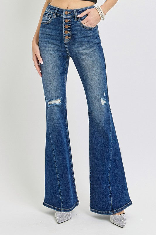 RISEN Distressed Button Fly Flare Jeans