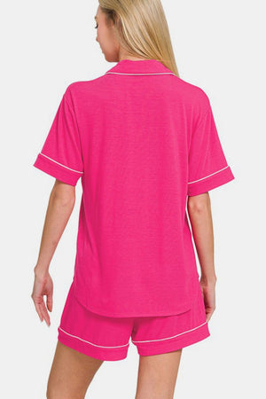 Zenana Button Down Short Sleeve Top and Shorts Lounge Set Hot Pink