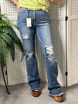 Judy Blue High Waist Distressed Bootcut Fray Hem Jeans