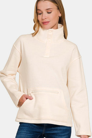 Zenana Turtleneck Half Snap Fleece Sweatshirt Cream