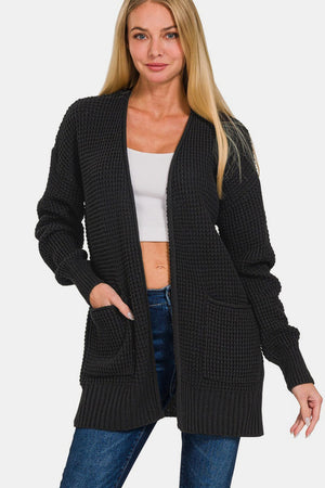 Zenana Waffle Open Front Sweater Cardigan Black