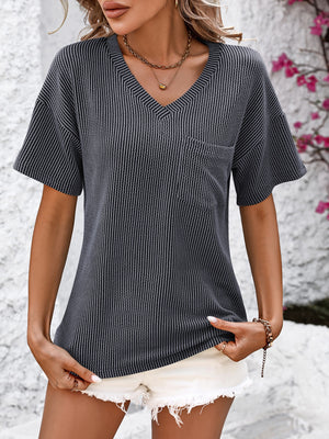 Ribbed Textured V Neck Dropped Shoulder Top in 6 colors