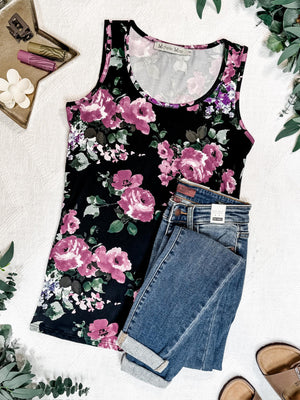 Luxe Crew Tank - Buttery Soft Black and Mauve Floral by Michelle Mae