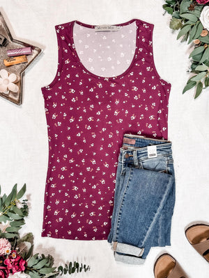 Luxe Crew Tank - Buttery Soft Micro Burgundy Floral by Michelle Mae