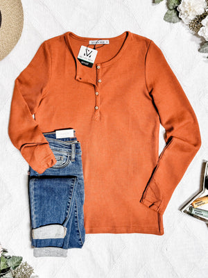 Harper Long Sleeve Thermal Knit Henley - Pumpkin by Michelle Mae