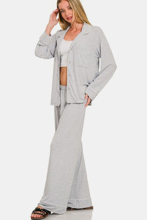 Zenana Button Down Long Sleeve Top and Pants Lounge Set Light Gray