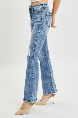 RISEN High Rise Acid Wash Distressed Flare Jeans
