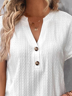 Cable Knit Textured Notched Short Sleeve White Blouse