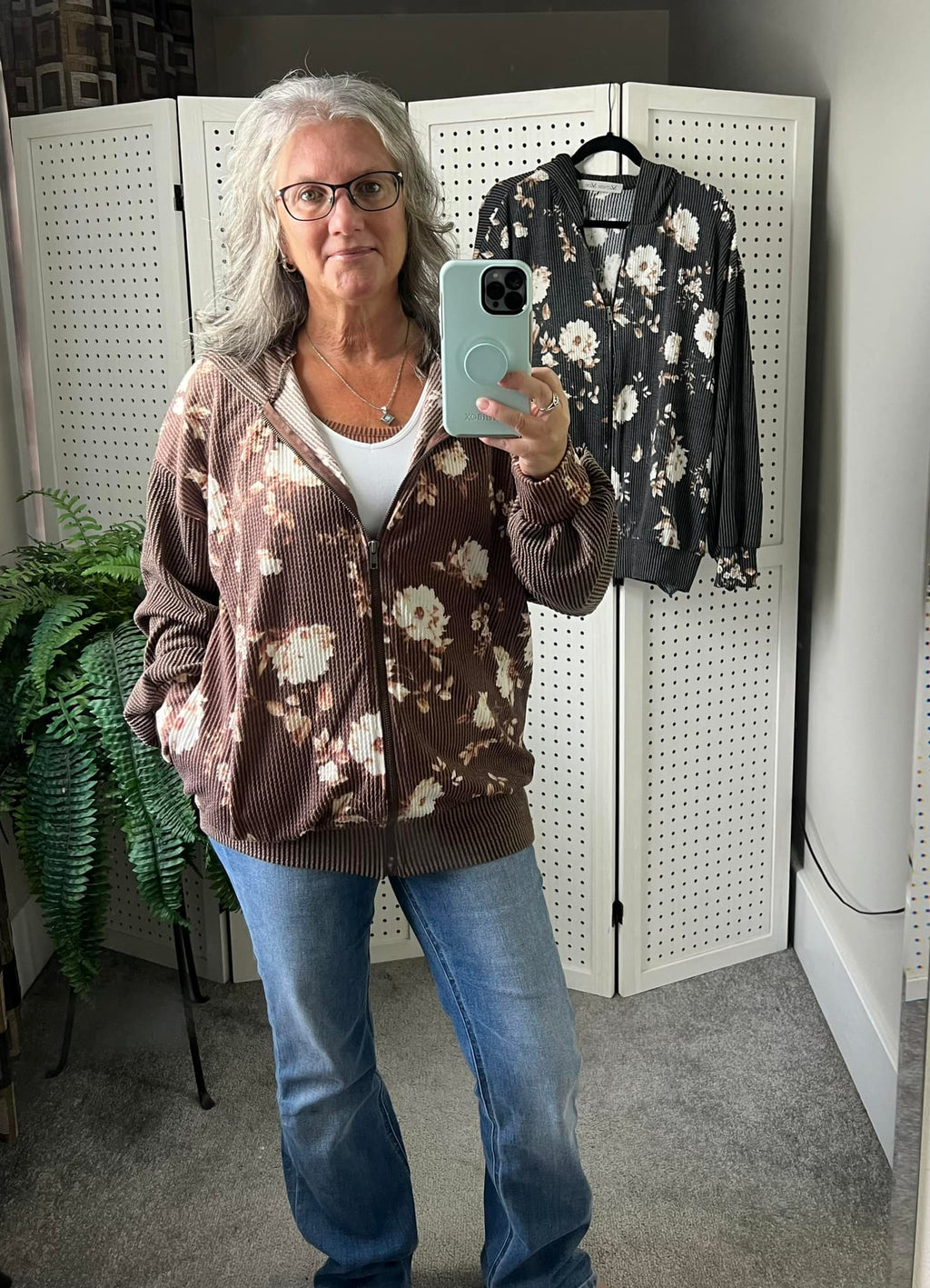 Ramona Ribbed Floral Zip Up Hooded Bomber Jacket - Brown by Michelle Mae