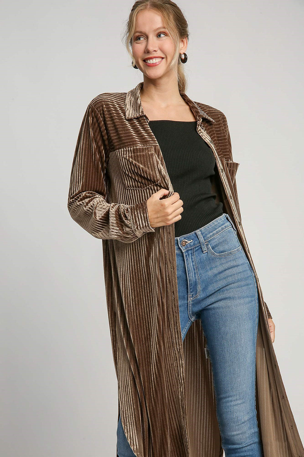 Texture Curved Hem Button Down Velvet Shirt Dress Brown