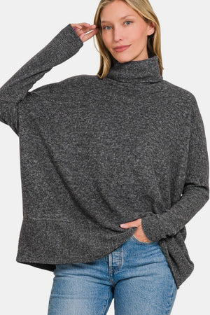 Zenana Full Size Brushed Melange Hacci Turtleneck Sweater Black