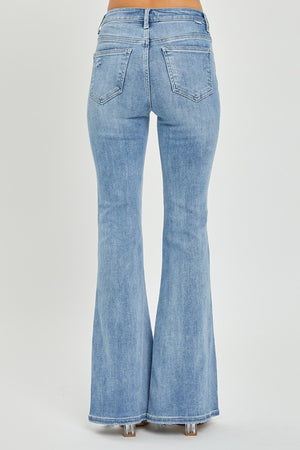 Risen High Rise Frayed Hem Light Wash Flare Jeans