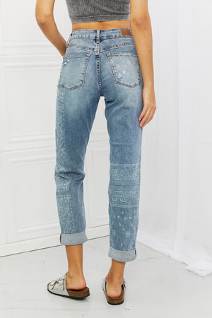 Judy Blue Mid Rise Destroyed Paisley Print Boyfriend Jeans