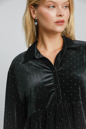 Polka Dot Button Up Half Sleeve Velvet Shirt Black