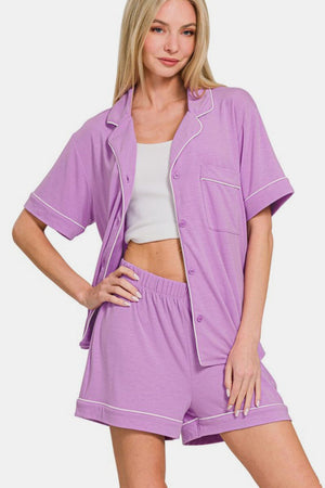 Zenana Button Down Short Sleeve Top and Shorts Lounge Set Purple