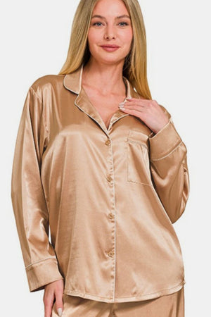 Zenana Satin Long Sleeve Shirt and Pants Pajama Set Brush