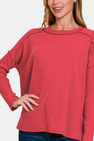 Zenana Exposed Seam Brushed Round Neck Sweater Red