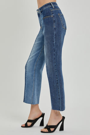 RISEN High Rise Two Tone Straight Leg Ankle Jeans