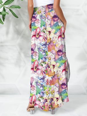 Smocked Watercolor Floral Print Smocked Waist Buttery Soft Maxi Skirt