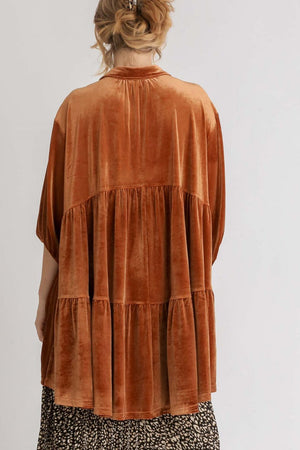 Button Down Tiered Back High Low Velvet Shirt in Terracotta