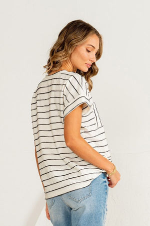 Ivory and Black Striped Ribbon Knit Top