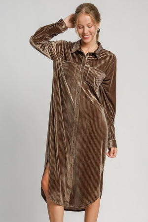 Texture Curved Hem Button Down Velvet Shirt Dress Brown