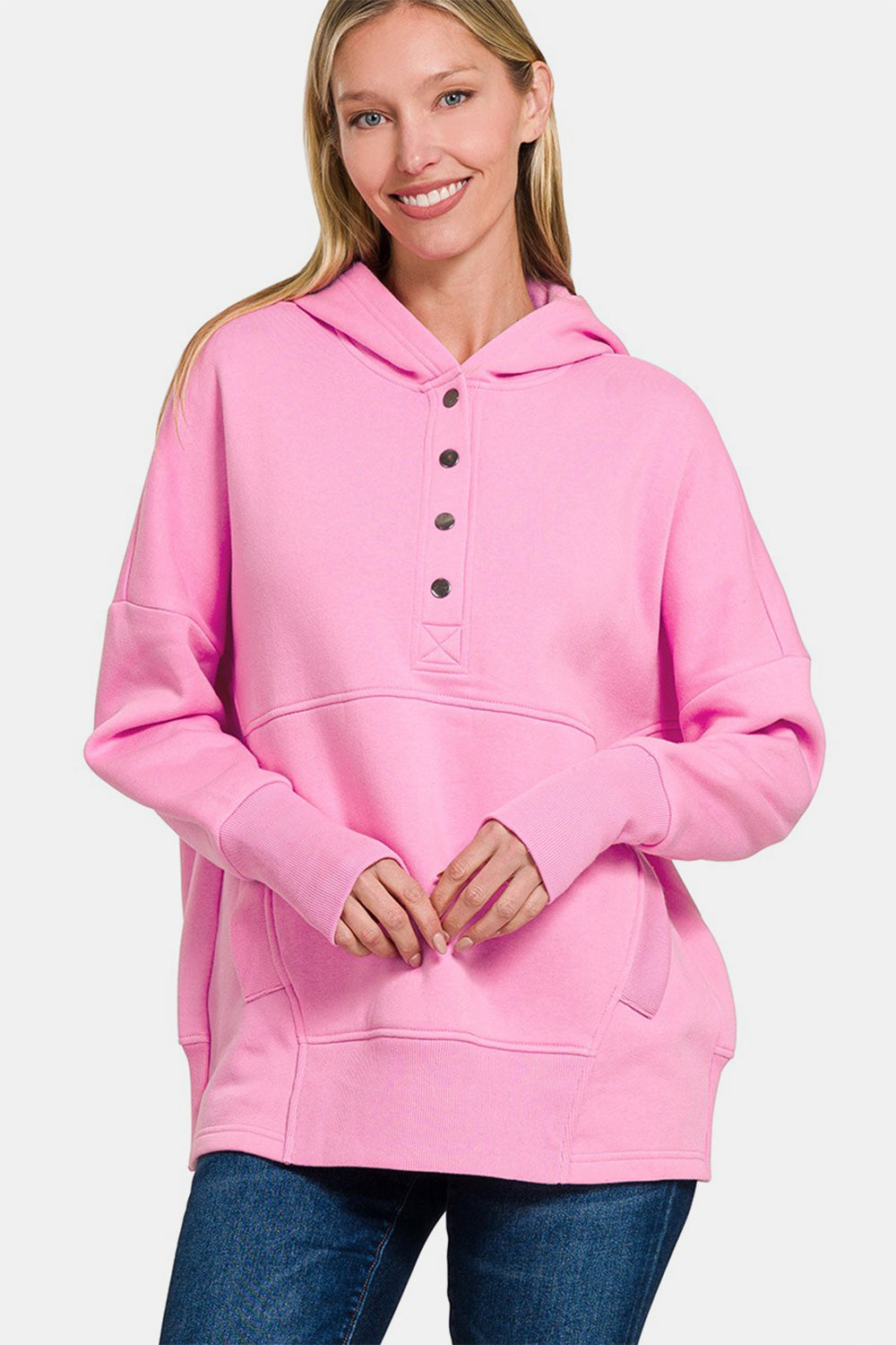 Zenana Half Snap Long Sleeve Hoodie with Kangaroo Pocket Fuschia Pink