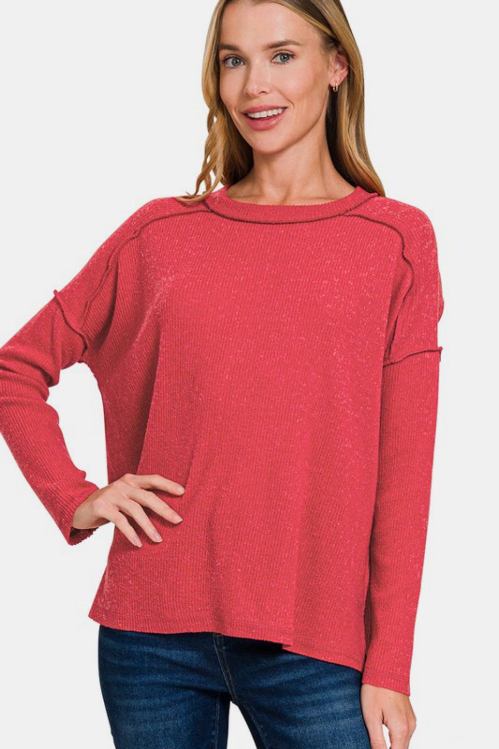 Zenana Exposed Seam Brushed Round Neck Sweater Red