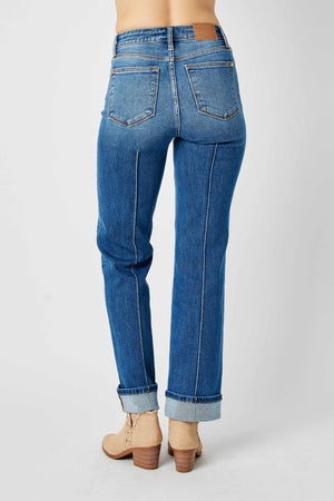 Judy Blue High Waist Front Seam Detail Cuffed Straight Leg Jeans