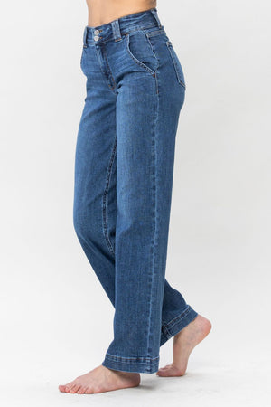 Judy Blue High Waist Double Button Wide Leg Trouser Jeans