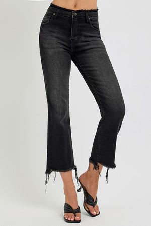 RISEN High Waist Step Hem Cropped Flare Jeans Black