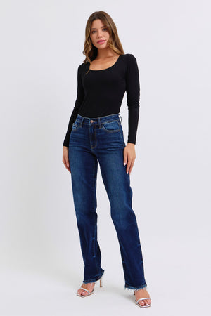 Judy Blue Mid Rise Straight Leg Fray Hem Jeans