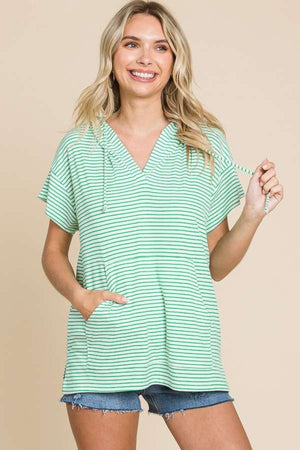 Candy Green Striped Short Sleeve Hooded Top