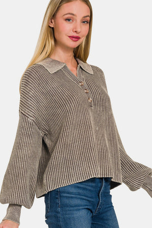 Zenana Washed Half Button Long Sleeve Sweater Mocha