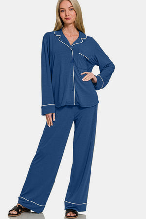 Zenana Button Down Long Sleeve Top and Pants Lounge Set Blue