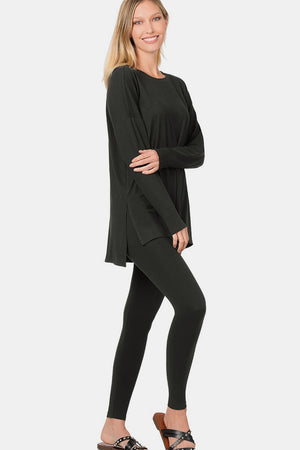 Zenana Buttery Soft Top and Leggings Lounge Set Black