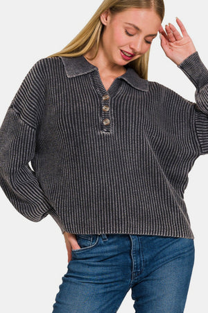 Zenana Washed Half Button Long Sleeve Sweater Black