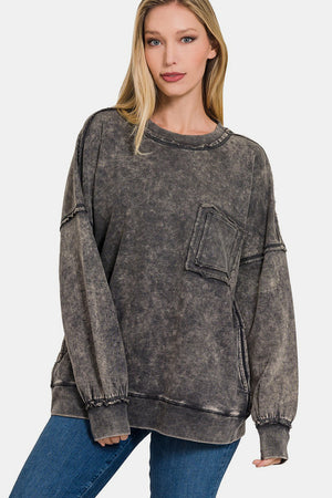 Zenana Exposed Seam Round Neck Dropped Shoulder Sweatshirt Ash Black