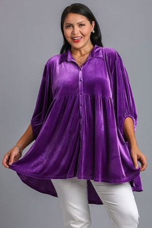 Button Down Tiered Back High Low Velvet Shirt Violet