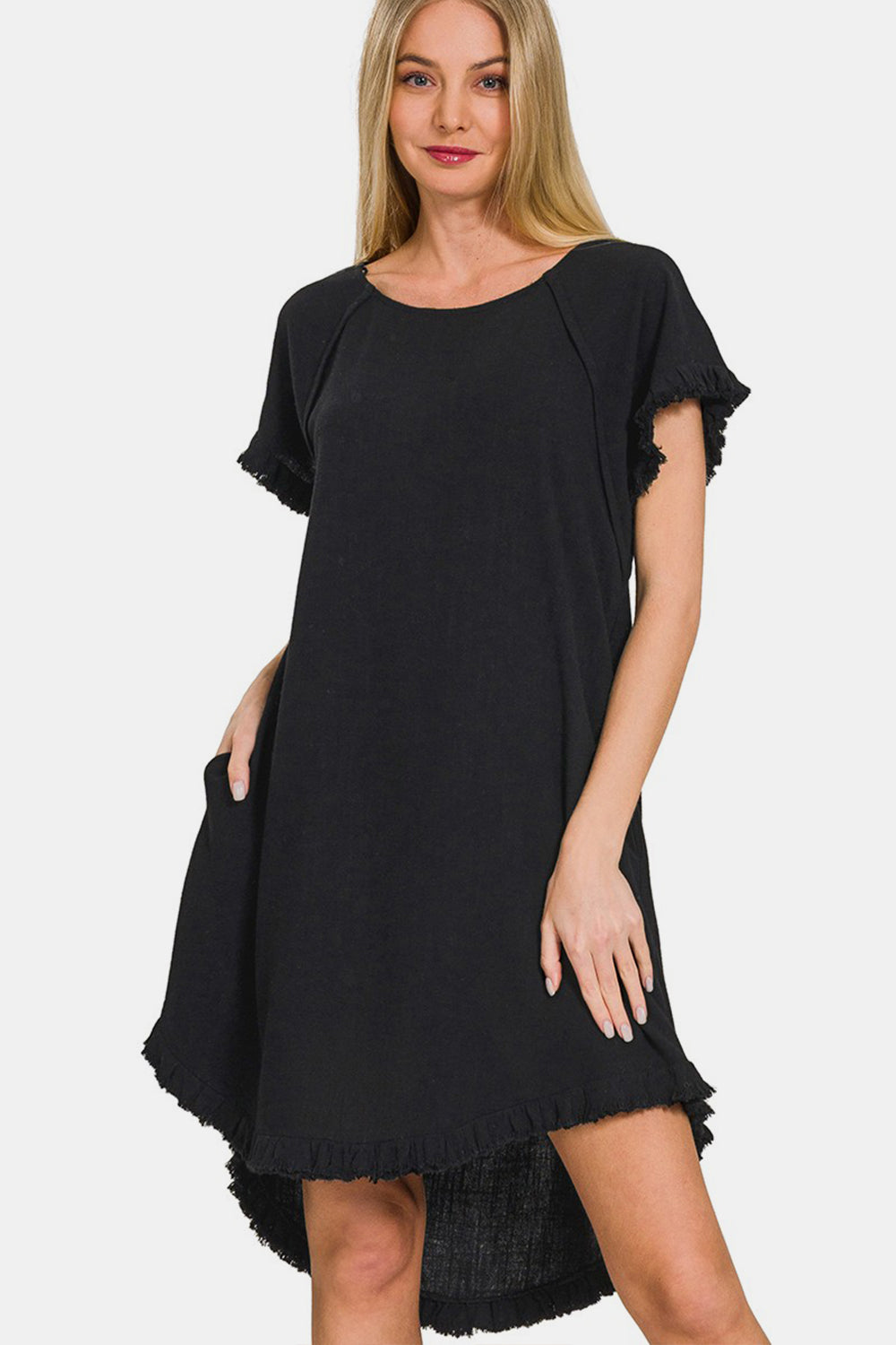 Zenana Fringe Edge High Low Flowy Dress with Pockets Black