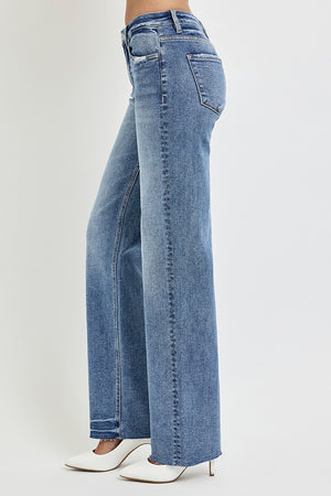 RISEN High Rise Wide Leg Baggy Vintage Wash Raw Hem Jeans