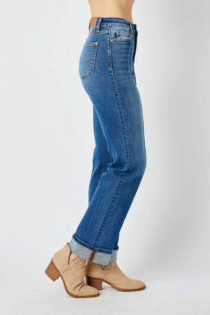 Judy Blue High Waist Front Seam Detail Cuffed Straight Leg Jeans