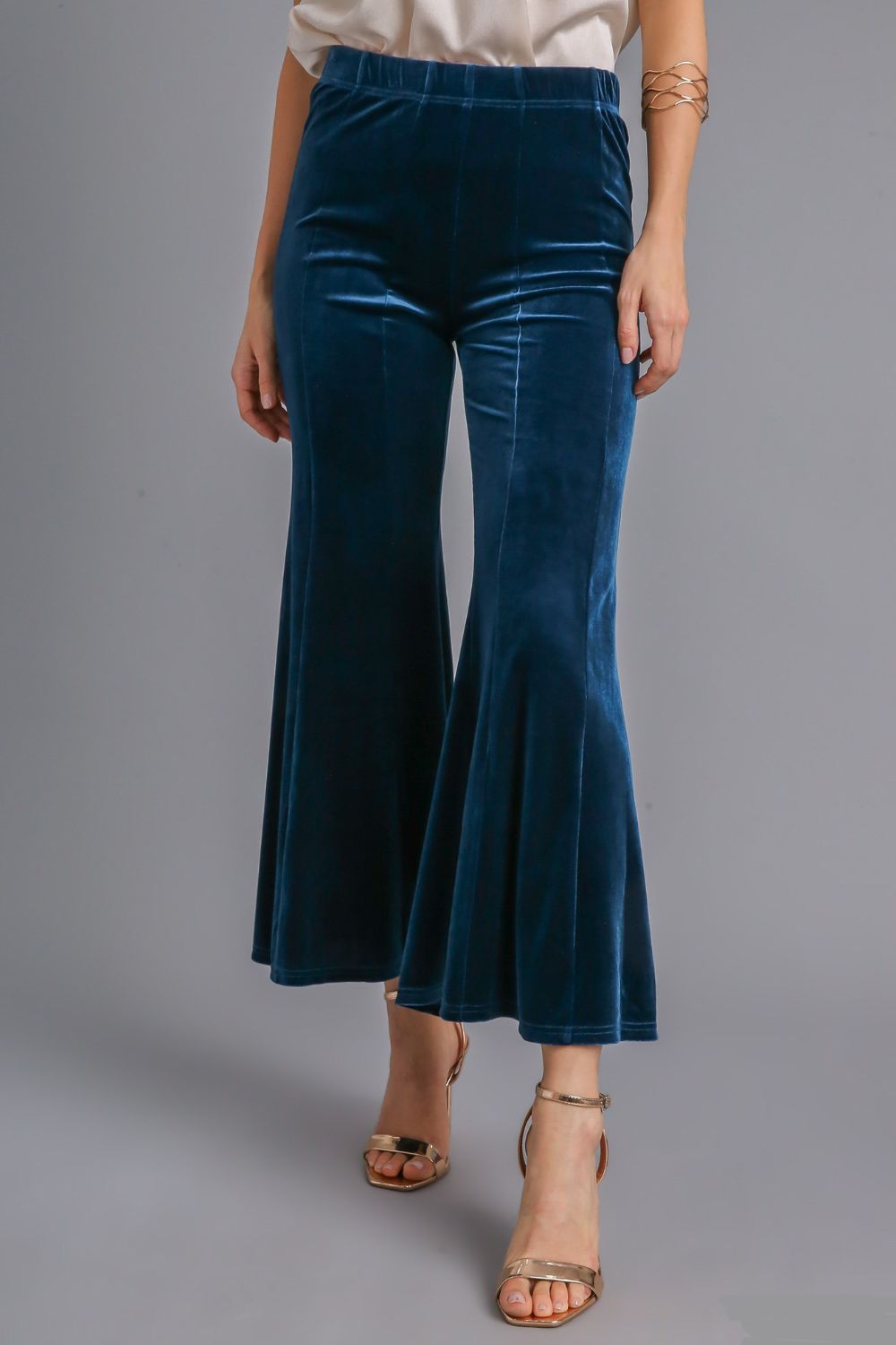 High Rise Elastic Waist Velvet Flare Pants in Peacock Blue