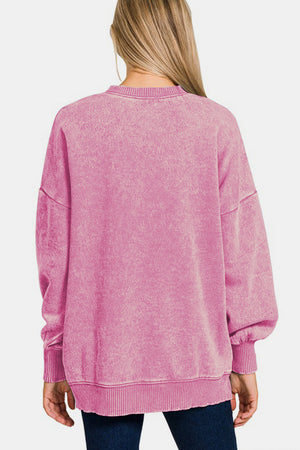 Zenana High Low Acid Wash Fleece Sweatshirt Dusty Pink