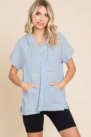 Blue Striped Short Sleeve Hooded Top