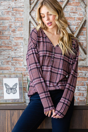 Mauve Plaid V-Neck Long Sleeve Top