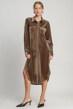 Texture Curved Hem Button Down Velvet Shirt Dress Brown