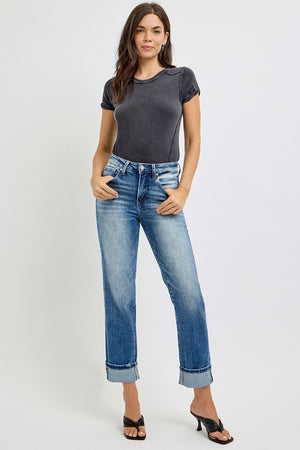 RISEN High Rise Vintage Wash Crop Straight Leg Cuffed Jeans