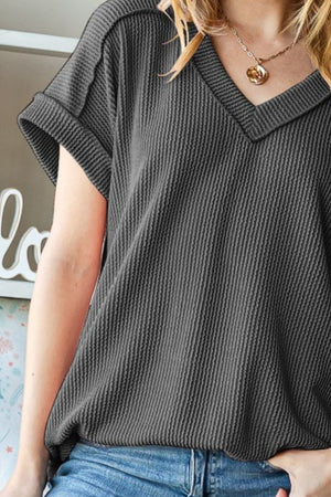 Exposed Seam Short Sleeve Ribbed Top Charcoal