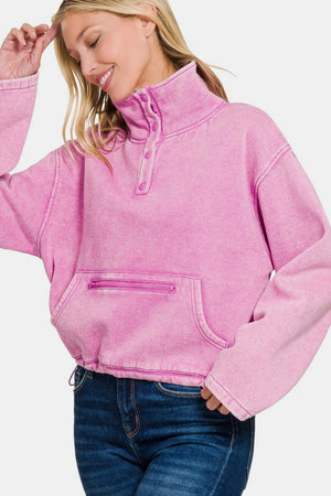 Zenana Acid Wash Fleece Half Snap Sweatshirt with Pocket Mauve